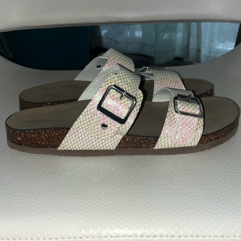 NEVER WORN — almost New! Madden Girl Sandals Double Strap Buckle iridescent sz10